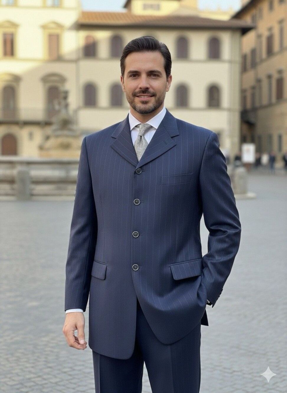 Sergio Valentino Super 120s Italian Wool Striped Blue 2pc Mens Suit 44LT 34x27.5